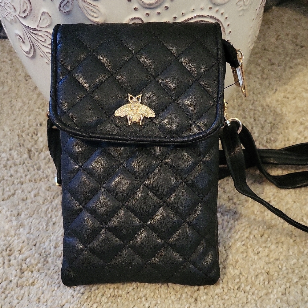 Quilted Crossbody Phone Bag with Gold Bee Accent - Black